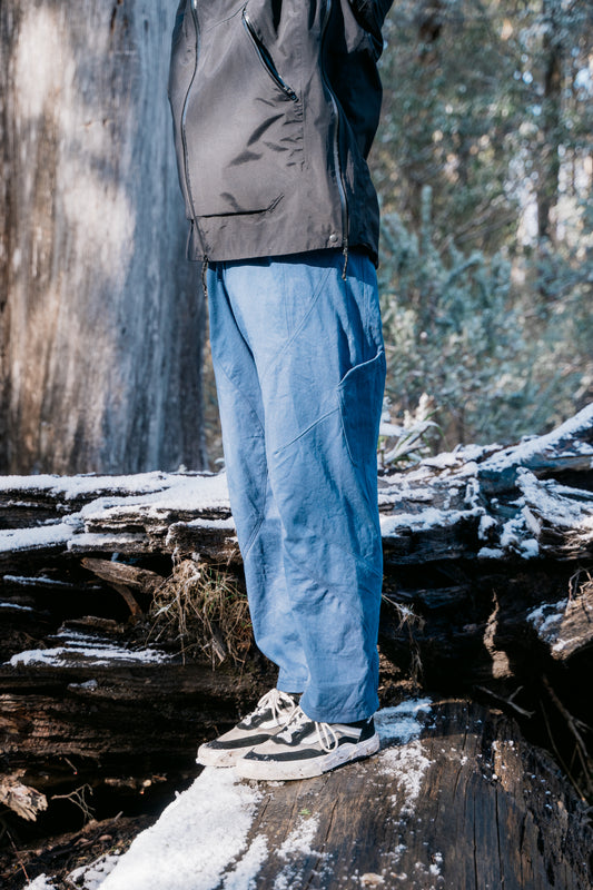A man wearing blue pants and a black jacket standing on a fallen tree with a light dusting of snow facing to the side.