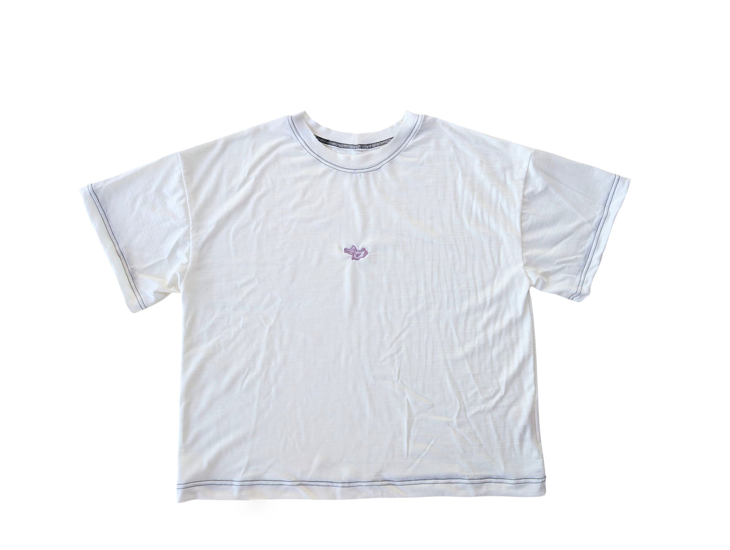 White t-shirt with a small logo and contrast black stitch on a white background