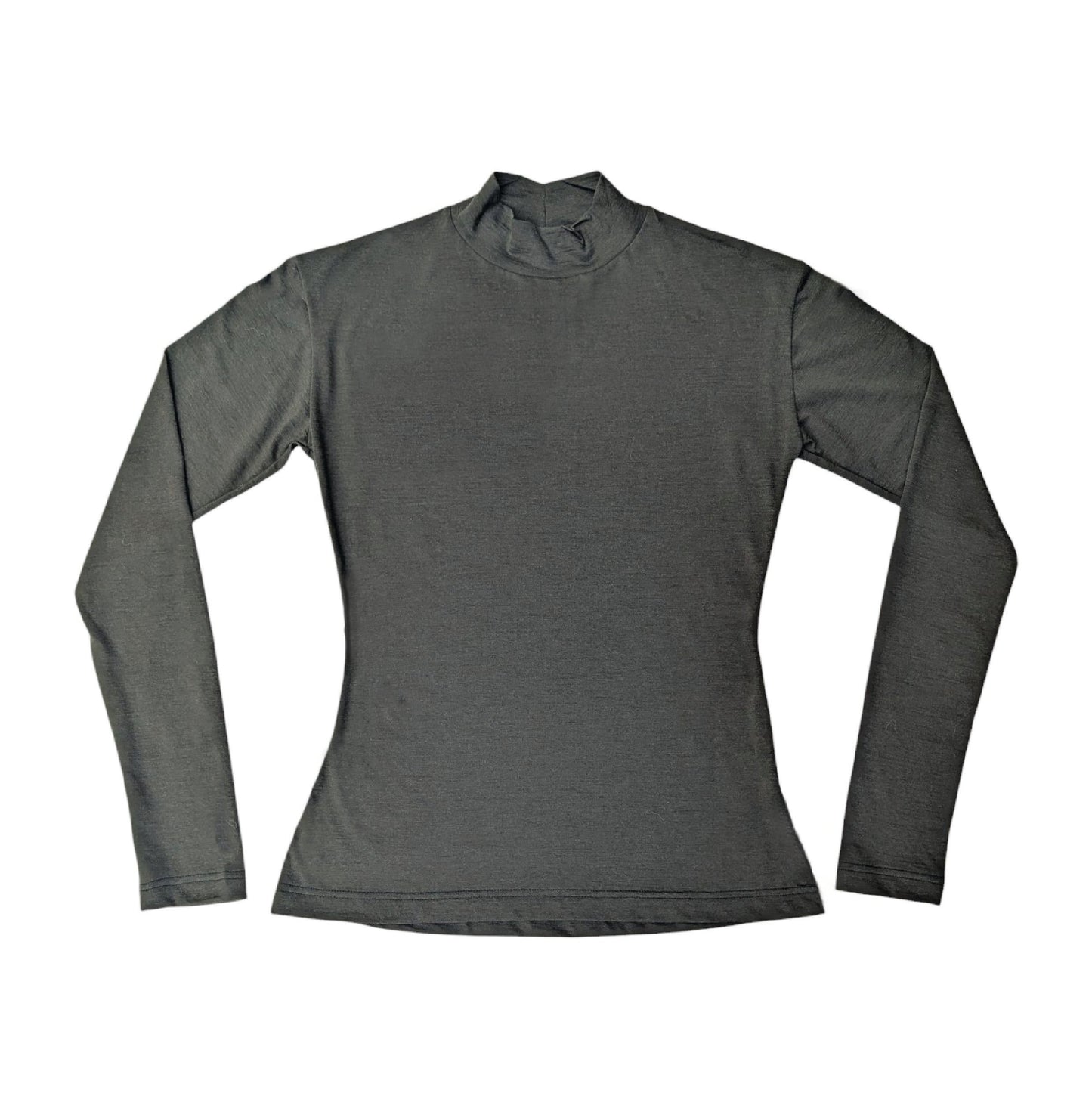a womens high neck merino long sleeve shirt laying flat