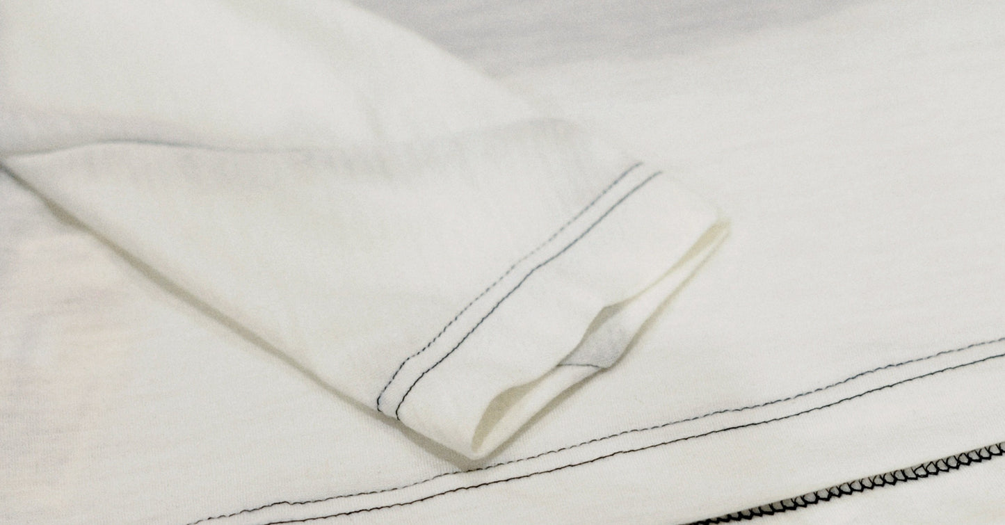A macro image of of the stitching on a white shirt sleeve