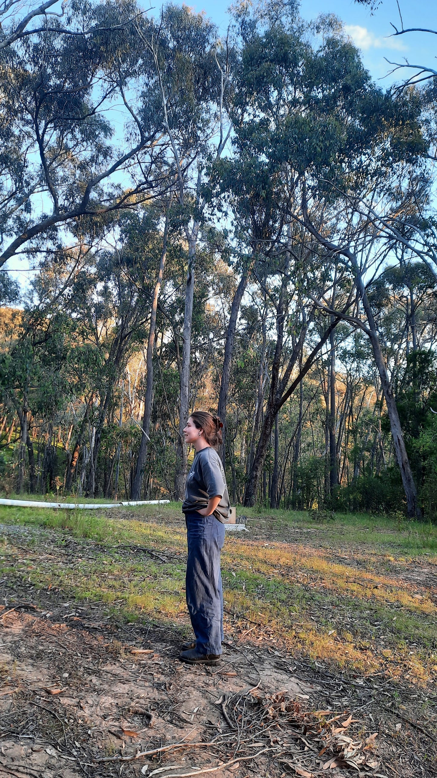 abi (owner) standing in the bush wearing the callistemon pant facing sideways to the camera