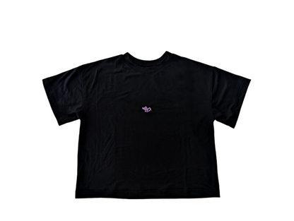 Black t-shirt with a small logo on a white background