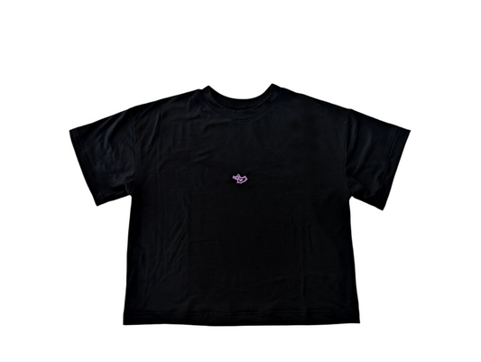 Black t-shirt with a small logo on a white background