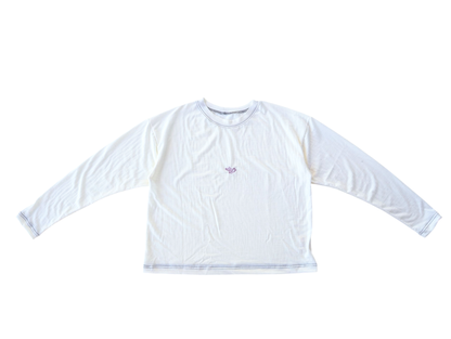 White long-sleeve shirt with a contrast black stitch on a white background