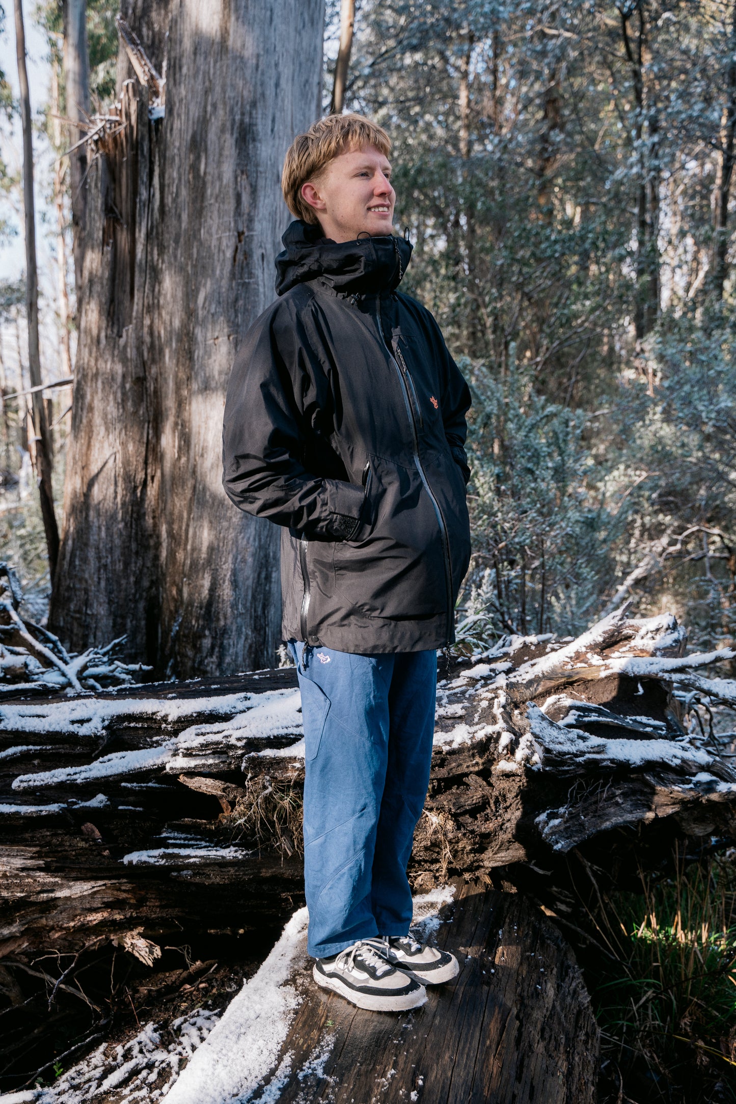 A full photo of a  man wearing blue pants and a black jacket standing on a fallen tree with a light dusting of snow facing to the side.