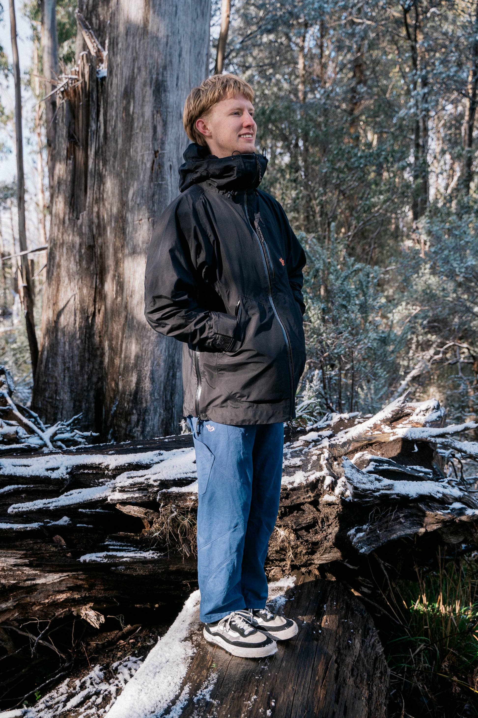 A full photo of a  man wearing blue pants and a black jacket standing on a fallen tree with a light dusting of snow facing to the side.