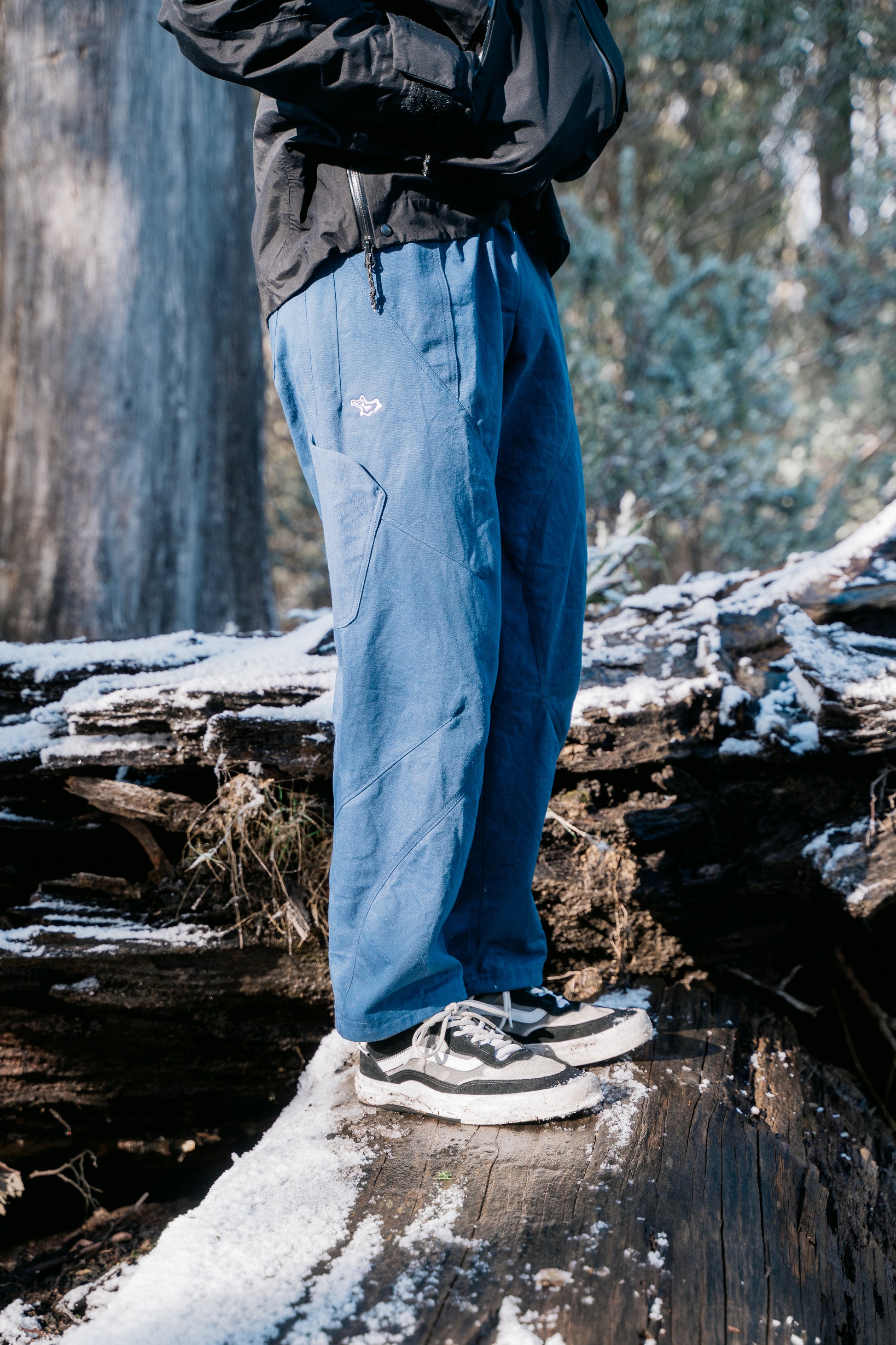 A man wearing blue pants and a black jacket standing on a fallen tree with a light dusting of snow facing to the side.
