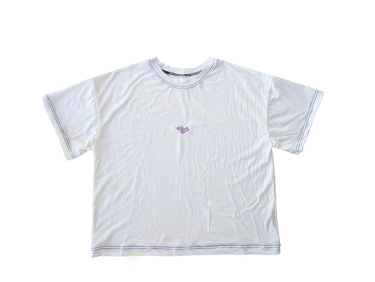 White t-shirt with a small logo and contrast black stitch on a white background