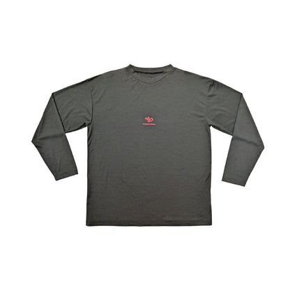 an olive coloured long sleeve shirt with a red logo