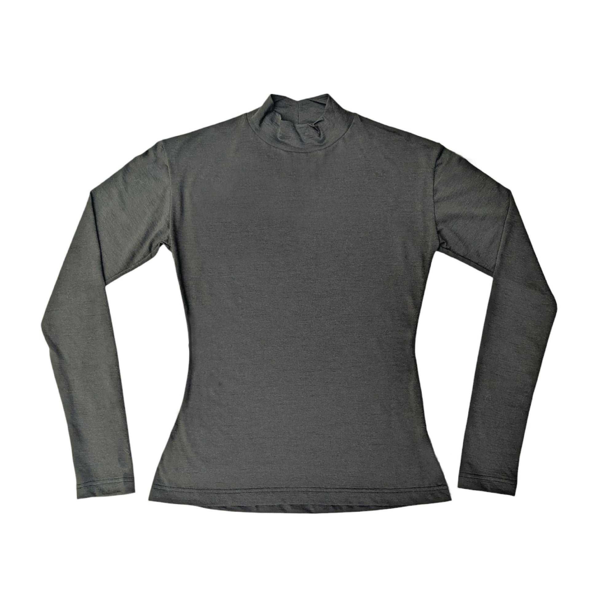 a womens high neck merino long sleeve shirt laying flat