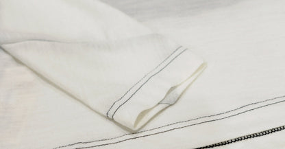 A macro image of of the stitching on a white shirt sleeve