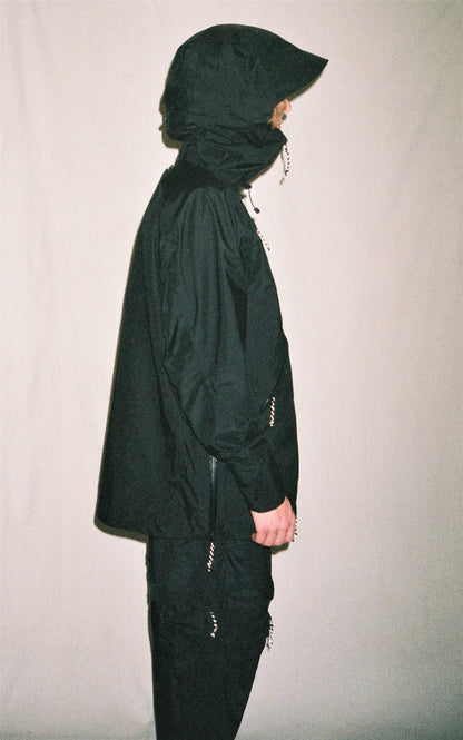 man standing side on in black shell jacket